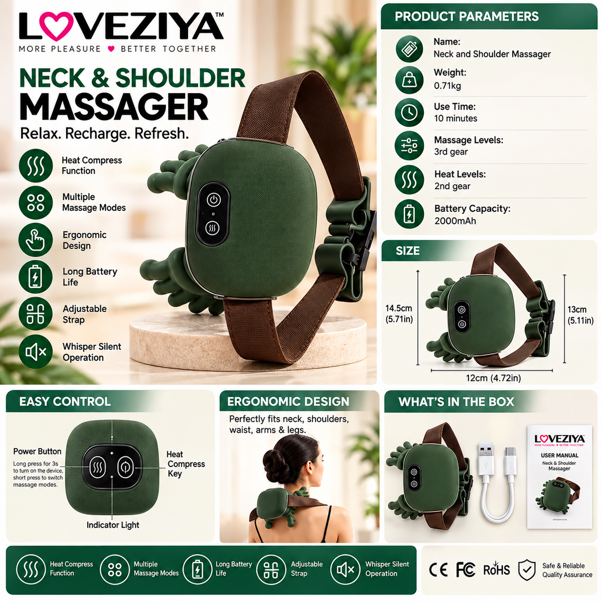 LOVEZIYA 4D Neck & Shoulder Massager – Rechargeable Electric Kneading Massager with Heat Function & Adjustable Strap