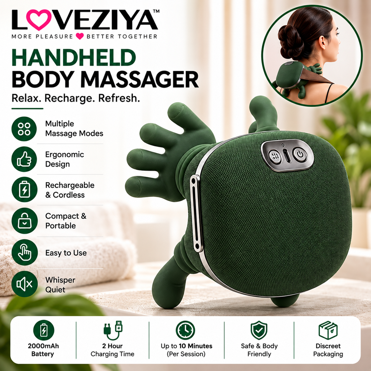LOVEZIYA 4D Neck & Shoulder Massager – Rechargeable Electric Kneading Massager with Heat Function & Adjustable Strap